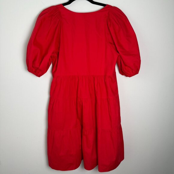 Bird & Knoll Dress Gigi Puff Sleeve Cotton Poplin Mini Red Size Small - Picture 6 of 9